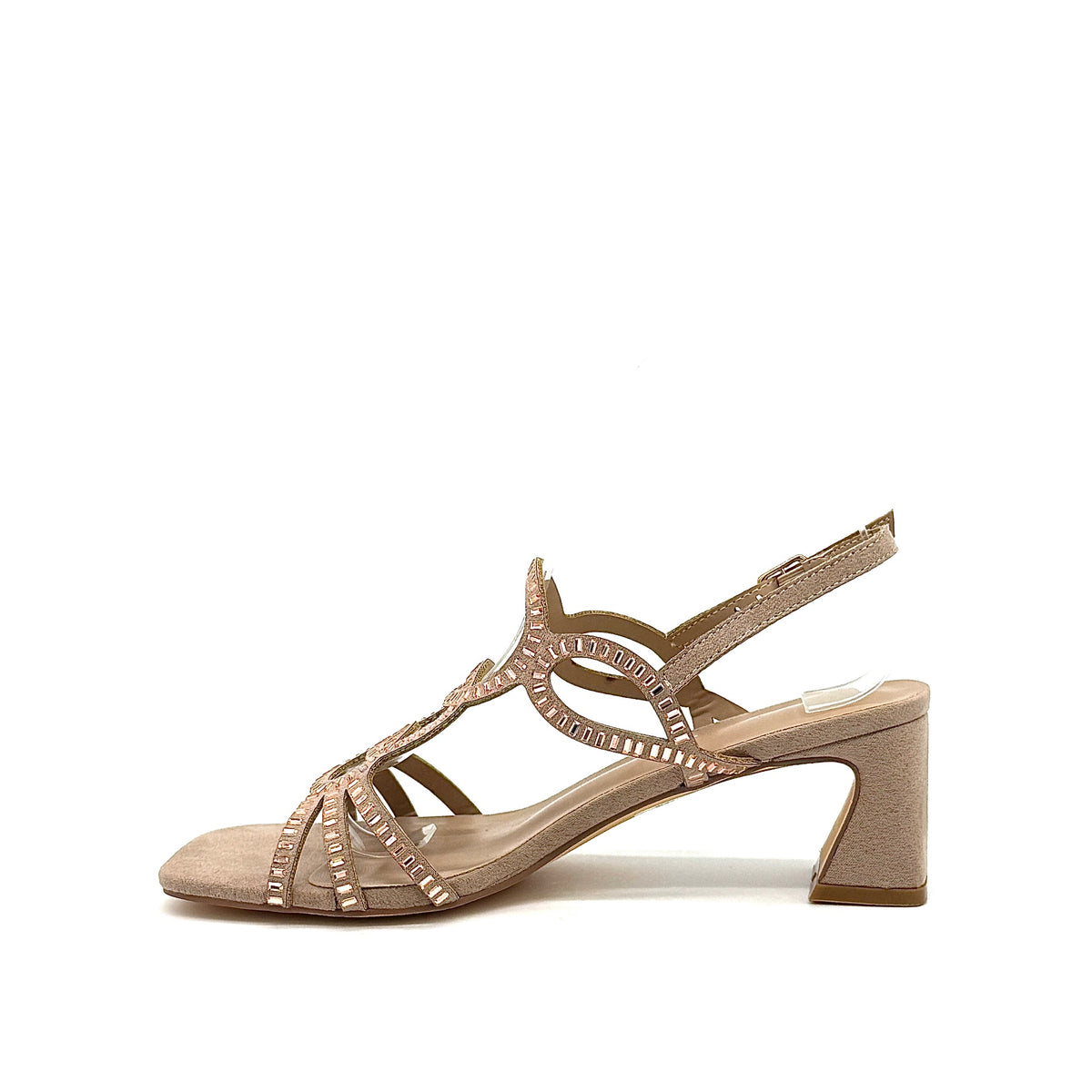 Taupe: EXE 3H107-16 cage-strap slingback block heel sandal in taupe with rose gold metallic-edged straps and adjustable ankle strap, side view
