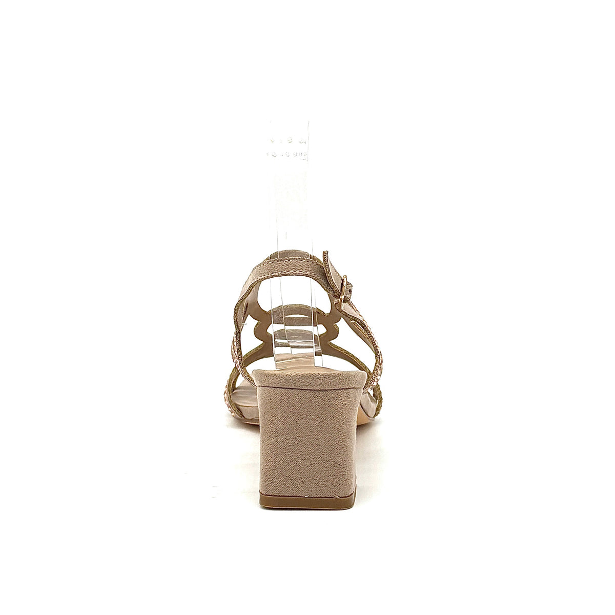 Taupe: EXE 3H107-16 cage-strap slingback block heel sandal in taupe with rose gold metallic-edged straps and adjustable ankle strap, side view
