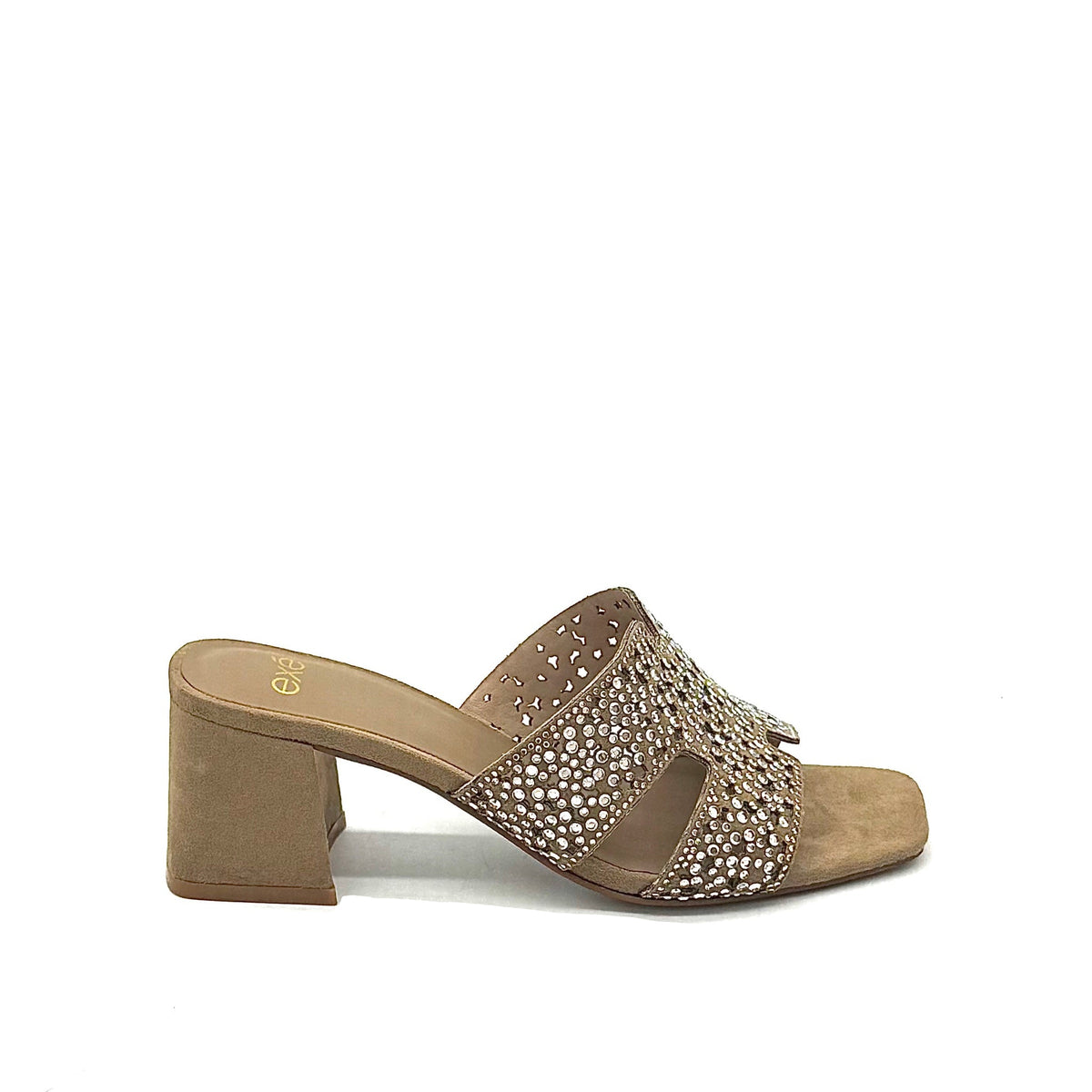 EXE 6237-20 crystal-embellished cutout block heel slide sandal in beige with allover rhinestone starburst pattern