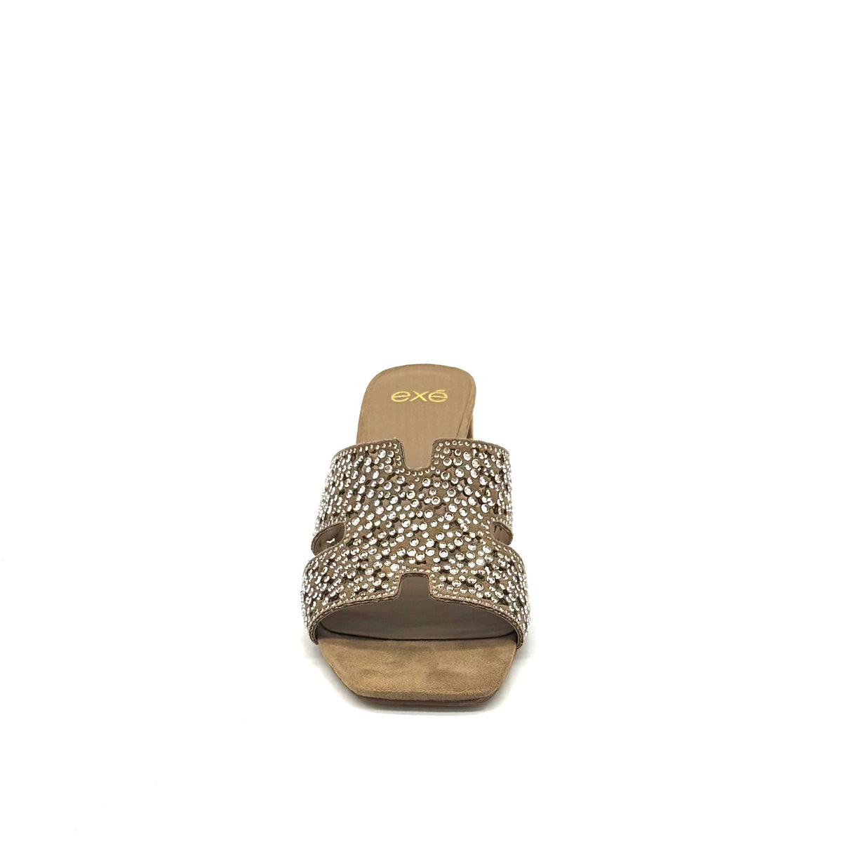 EXE 6237-20 crystal-embellished cutout block heel slide sandal in beige with allover rhinestone starburst pattern