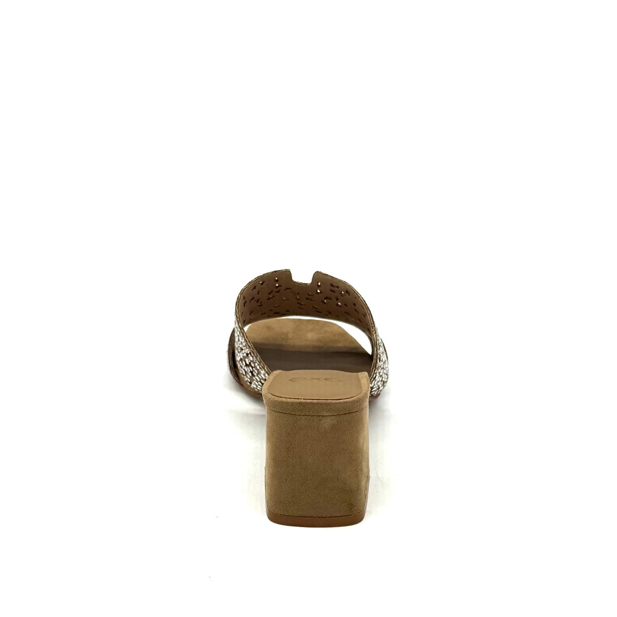 EXE 6237-20 crystal-embellished cutout block heel slide sandal in beige with allover rhinestone starburst pattern