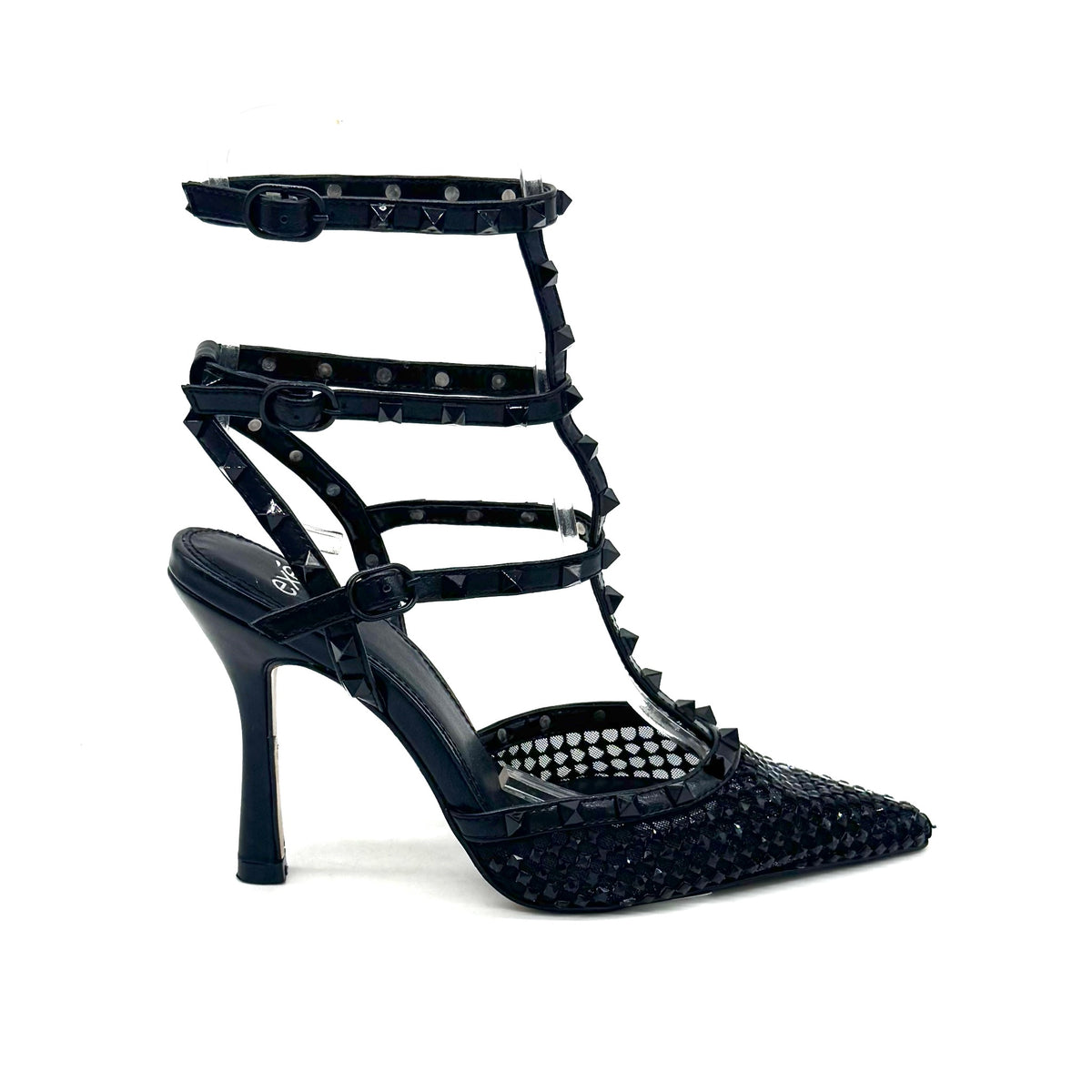 EXE Angela-716 studded caged pointed toe stiletto pump in black with pyramid stud T-strap ankle straps and woven metallic mesh toe, side view
