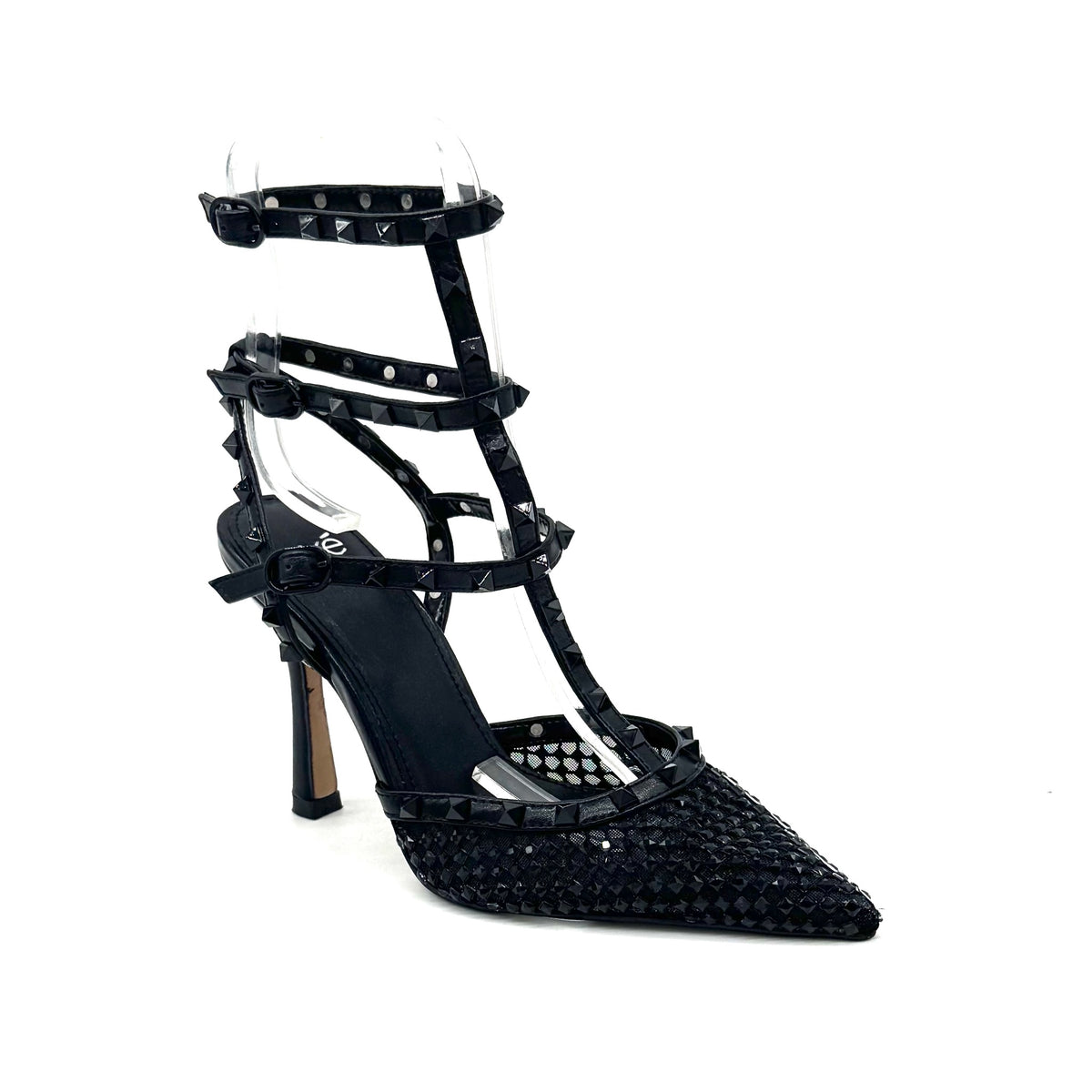 EXE Angela-716 studded caged pointed toe stiletto pump in black with pyramid stud T-strap ankle straps and woven metallic mesh toe, side view
