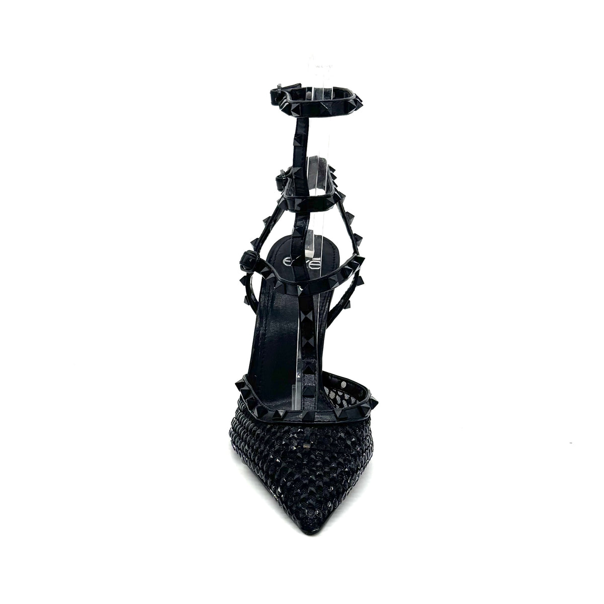 EXE Angela-716 studded caged pointed toe stiletto pump in black with pyramid stud T-strap ankle straps and woven metallic mesh toe, side view
