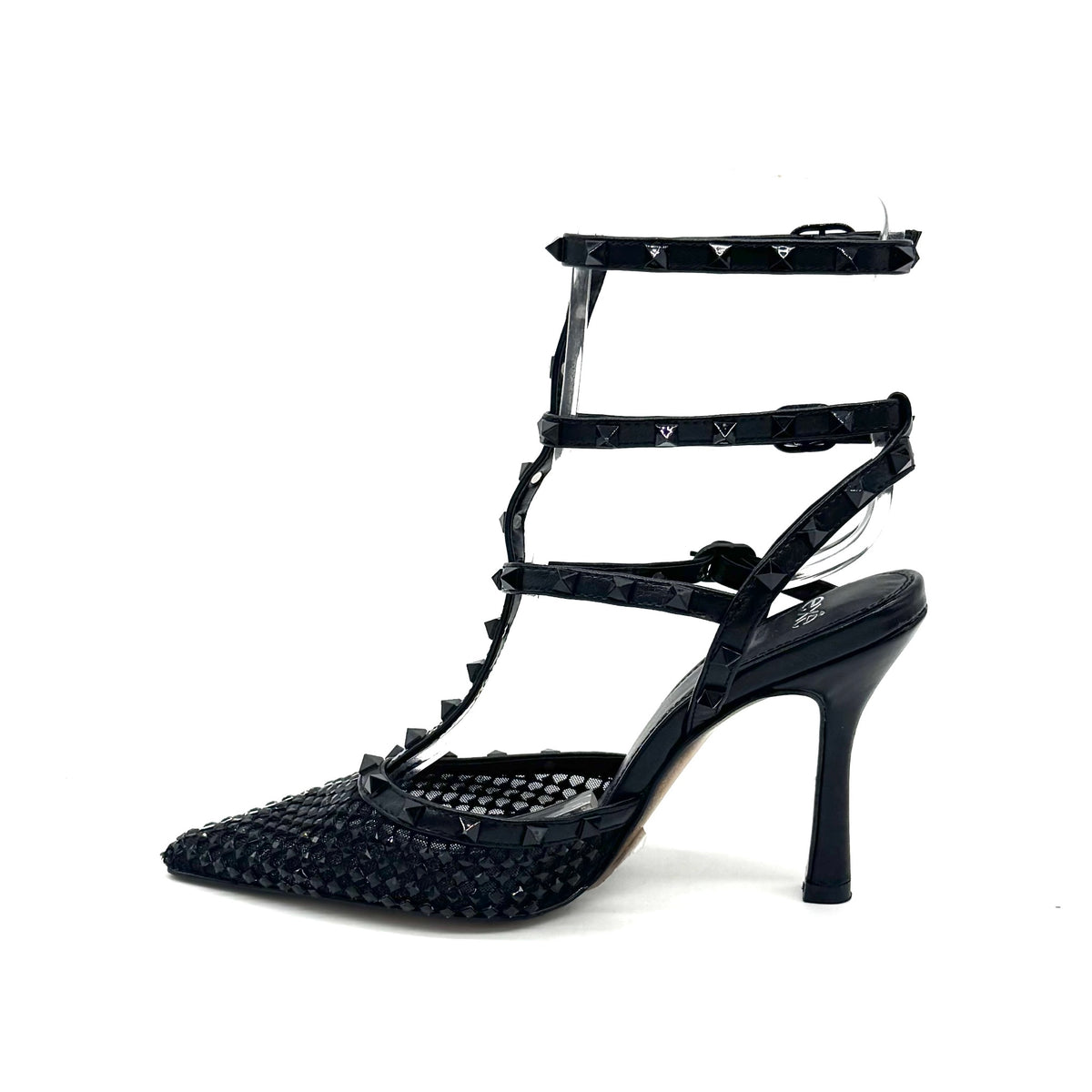 EXE Angela-716 studded caged pointed toe stiletto pump in black with pyramid stud T-strap ankle straps and woven metallic mesh toe, side view