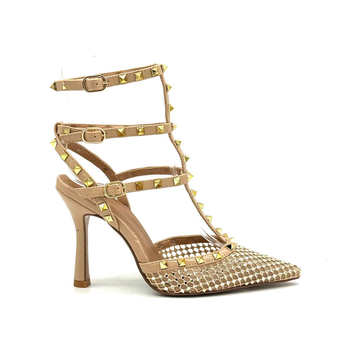 EXE Angela-716 studded caged pointed toe stiletto pump in nude with pyramid stud T-strap ankle straps and woven metallic mesh toe, side view