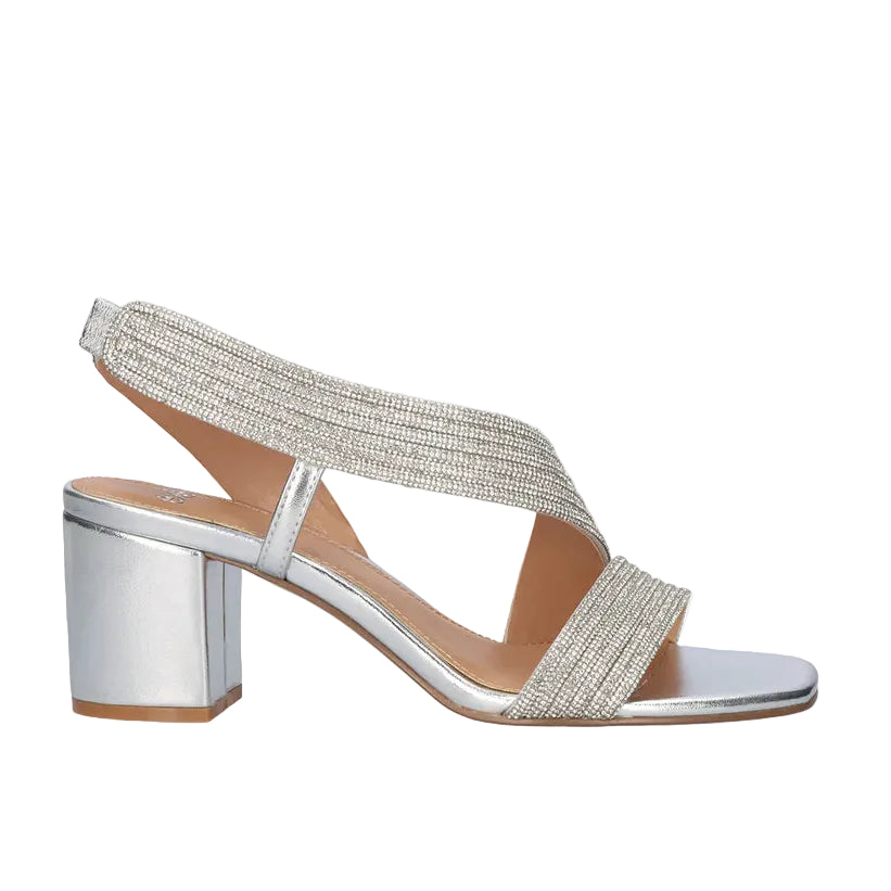 EXE Anny 428 silver rhinestone sandals for women with block heel and stretch straps