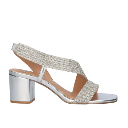 EXE Anny 428 silver rhinestone sandals for women with block heel and stretch straps