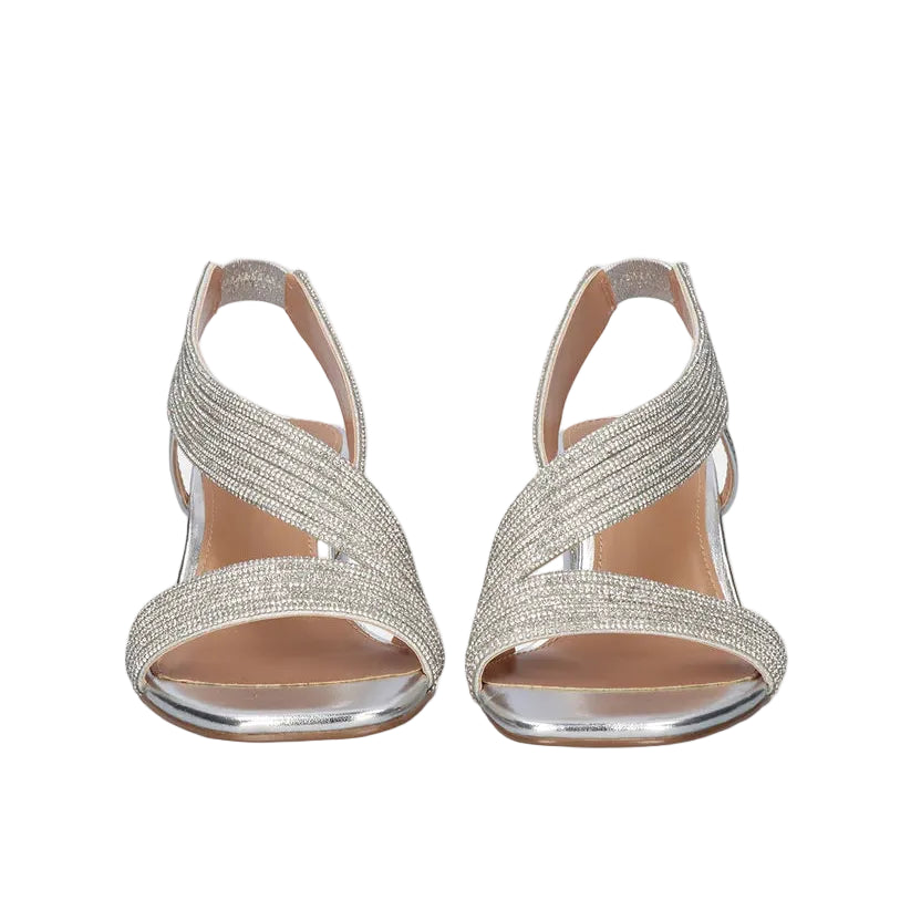 EXE Anny 428 silver rhinestone sandals for women with block heel and stretch straps