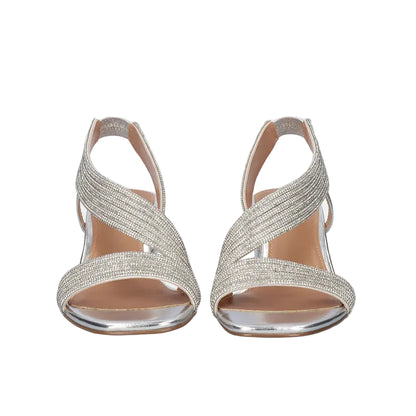 EXE Anny 428 silver rhinestone sandals for women with block heel and stretch straps