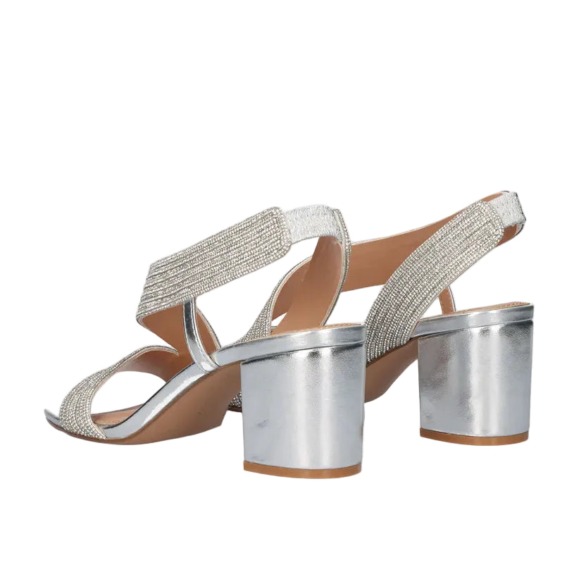 EXE Anny 428 silver rhinestone sandals for women with block heel and stretch straps