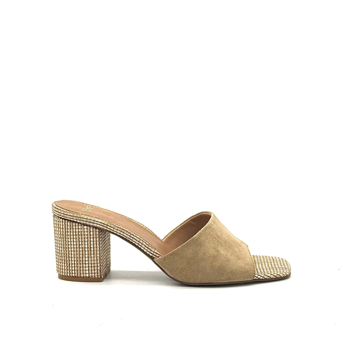 EXE Anny-833 block heel mule sandal in beige with woven textured toe panel and matching block heel