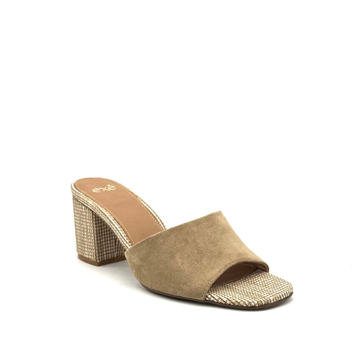 EXE Anny-833 block heel mule sandal in beige with woven textured toe panel and matching block heel