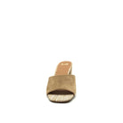 EXE Anny-833 block heel mule sandal in beige with woven textured toe panel and matching block heel