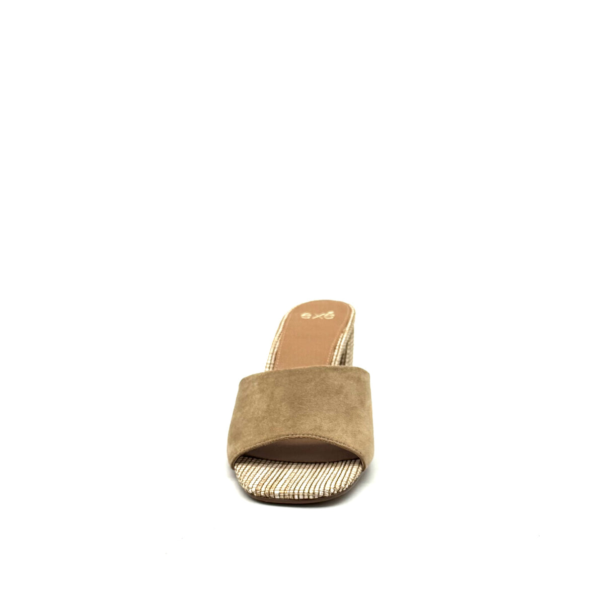 EXE Anny-833 block heel mule sandal in beige with woven textured toe panel and matching block heel