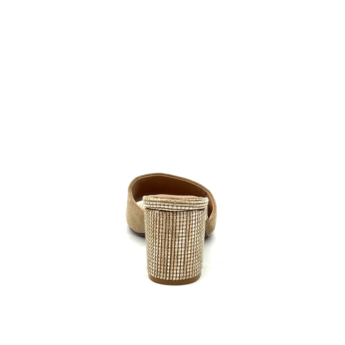 EXE Anny-833 block heel mule sandal in beige with woven textured toe panel and matching block heel