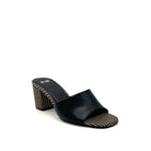 EXE Anny-833 block heel mule sandal in black with woven textured toe panel and matching block heel