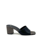 EXE Anny-833 block heel mule sandal in black with woven textured toe panel and matching block heel