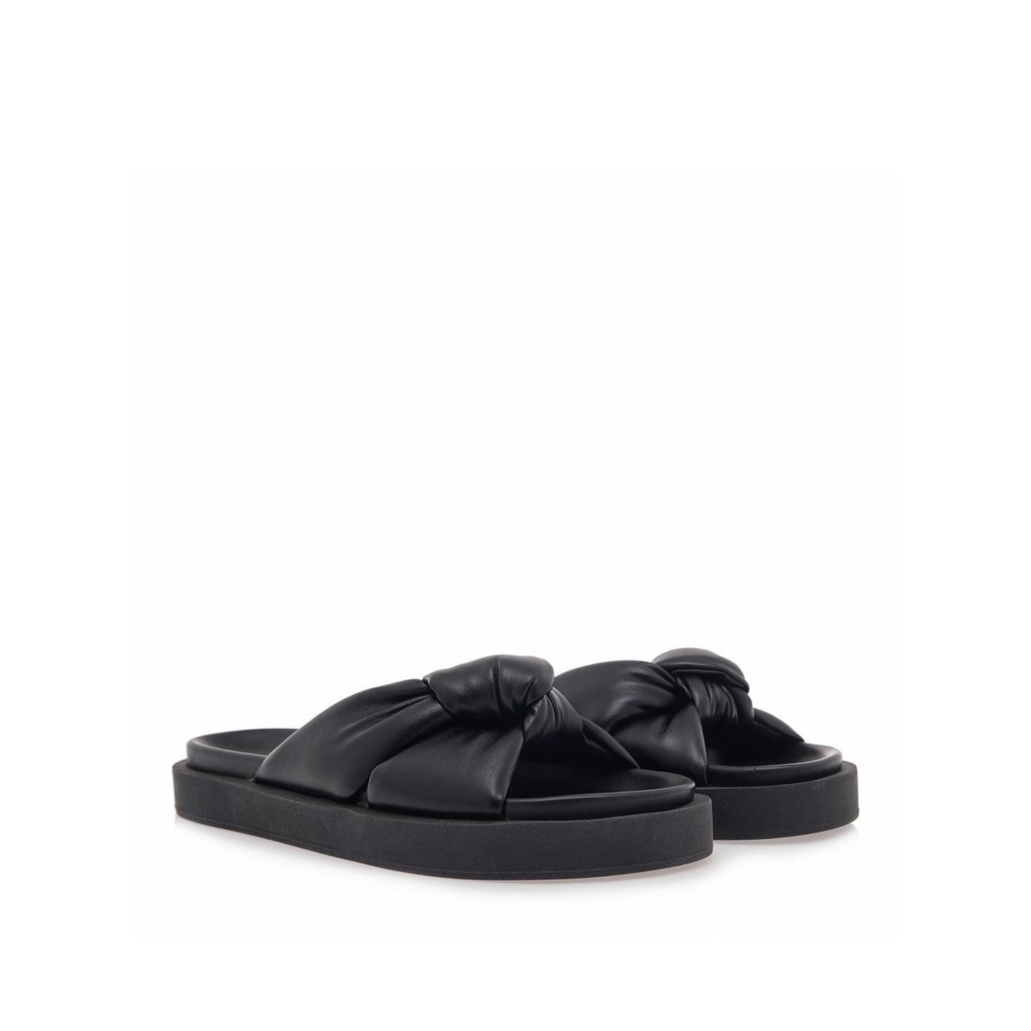 Black: EXE Artemis-940 puffy twist knot slide sandal with black flatform sole