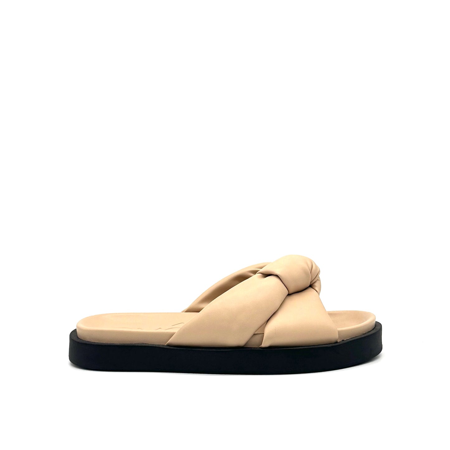 Nude: EXE Artemis-940 puffy twist knot slide sandal in nude with black flatform sole