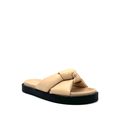Nude: EXE Artemis-940 puffy twist knot slide sandal in nude with black flatform sole
