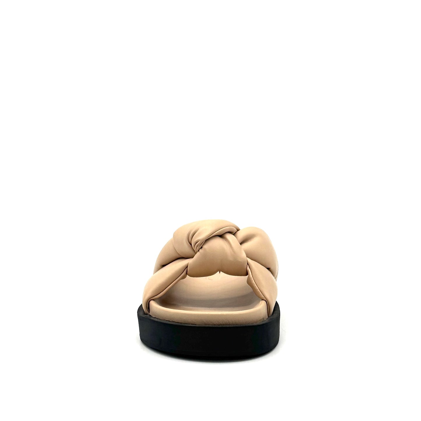 Nude: EXE Artemis-940 puffy twist knot slide sandal in nude with black flatform sole