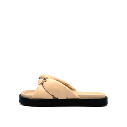 Nude: EXE Artemis-940 puffy twist knot slide sandal in nude with black flatform sole