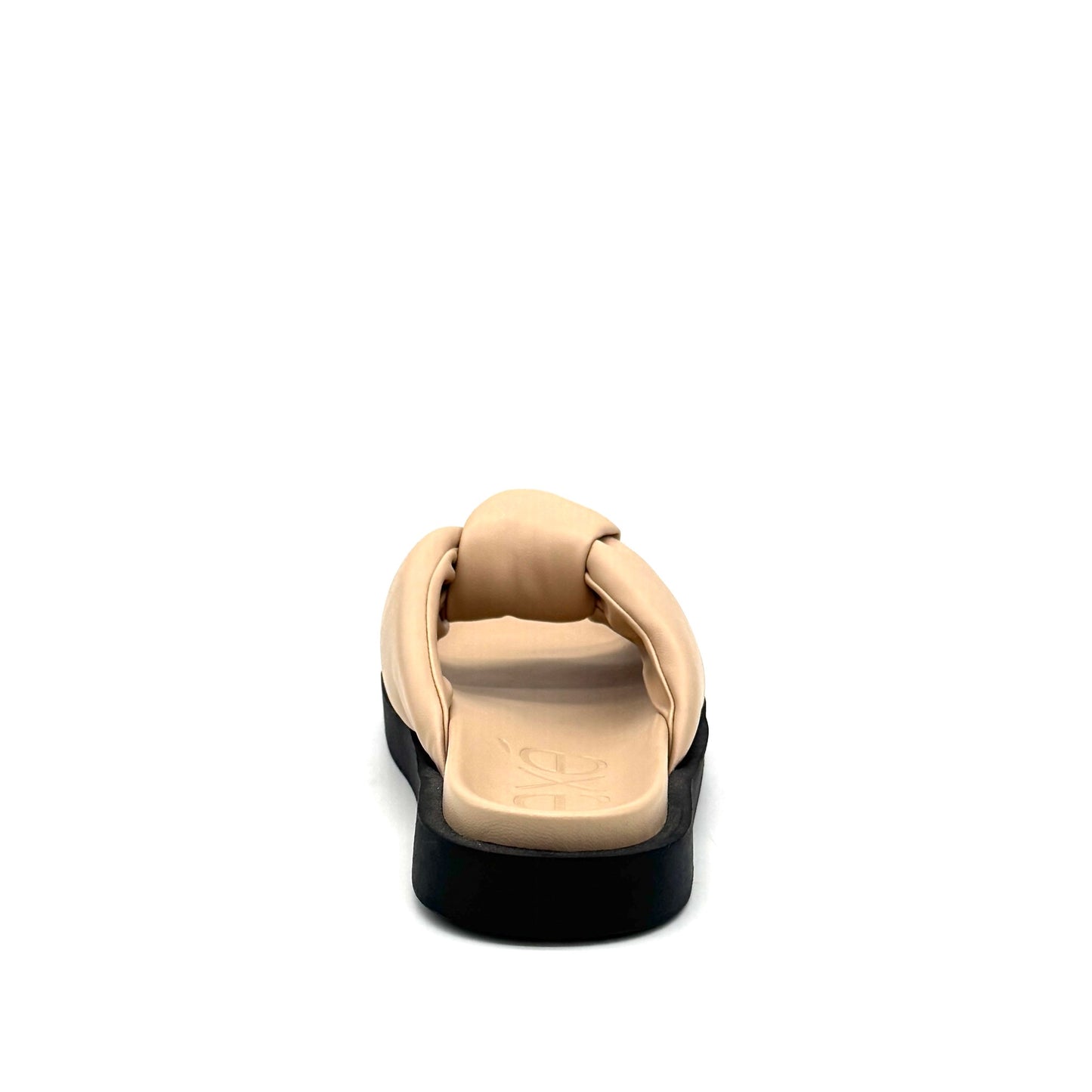 Nude: EXE Artemis-940 puffy twist knot slide sandal in nude with black flatform sole