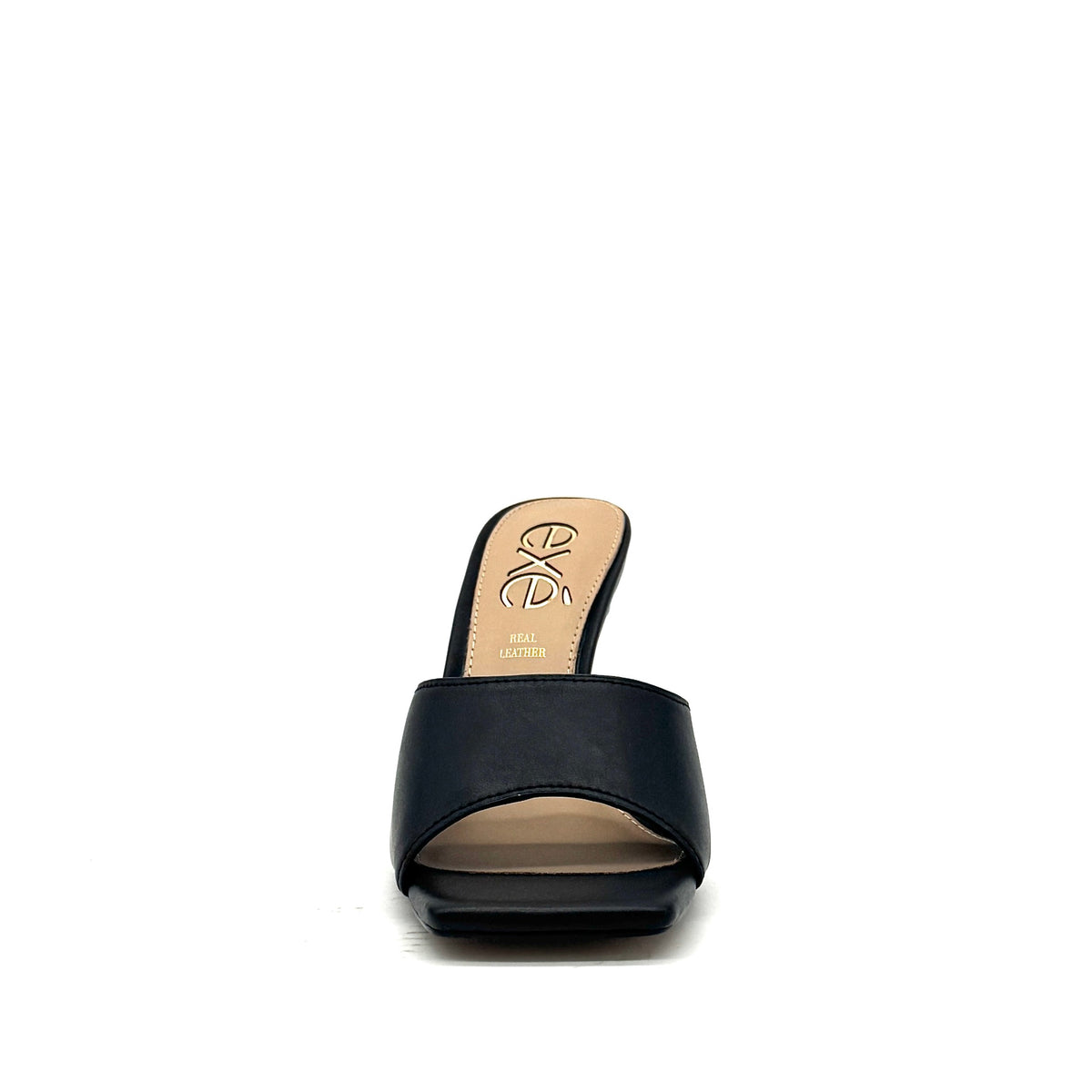Black: EXE Bianca-700 wide-band sculptural heel slide sandal in black with flared heel and square toe, side view