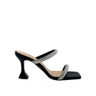 Black/Silver: EXE Bianca-736 crystal double-strap sculptural heel slide in black with silver rhinestone-encrusted straps and flared heel, side view
