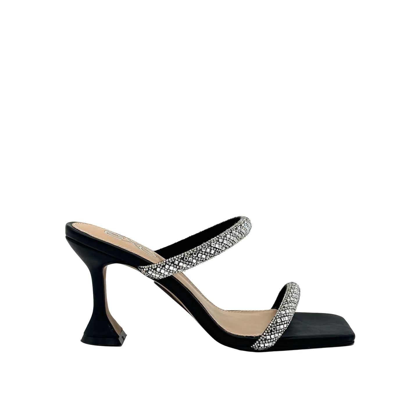 Black/Silver: EXE Bianca-736 crystal double-strap sculptural heel slide in black with silver rhinestone-encrusted straps and flared heel, side view