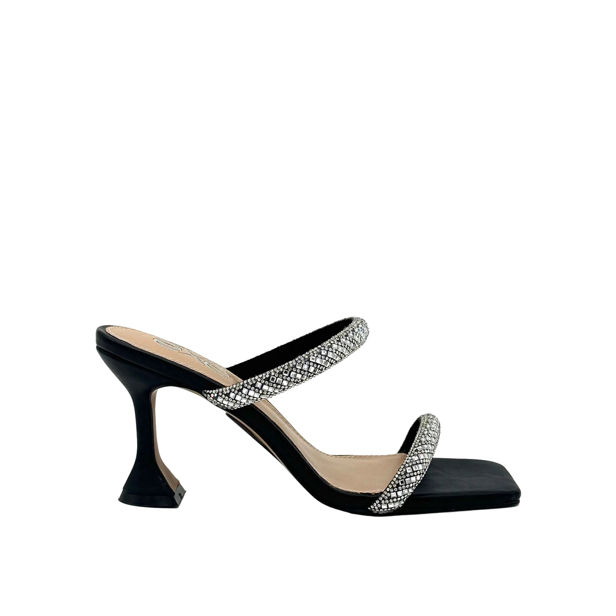 Black/Silver: EXE Bianca-736 crystal double-strap sculptural heel slide in black with silver rhinestone-encrusted straps and flared heel, side view