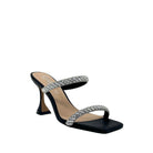 Black/Silver: EXE Bianca-736 crystal double-strap sculptural heel slide in black with silver rhinestone-encrusted straps and flared heel, side view