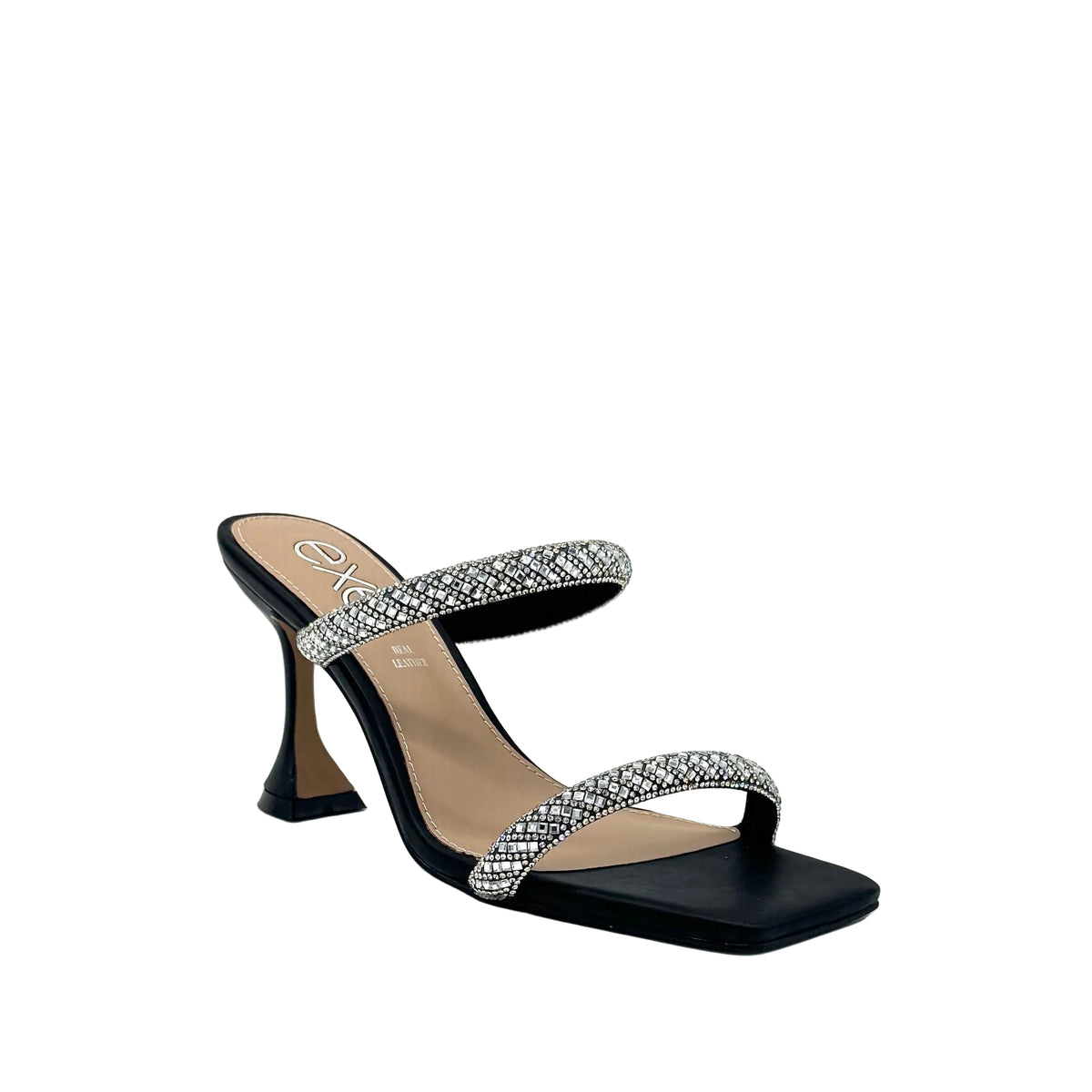 Black/Silver: EXE Bianca-736 crystal double-strap sculptural heel slide in black with silver rhinestone-encrusted straps and flared heel, side view
