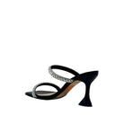 Black/Silver: EXE Bianca-736 crystal double-strap sculptural heel slide in black with silver rhinestone-encrusted straps and flared heel, side view