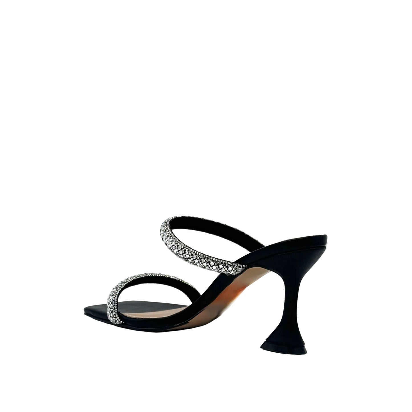 Black/Silver: EXE Bianca-736 crystal double-strap sculptural heel slide in black with silver rhinestone-encrusted straps and flared heel, side view