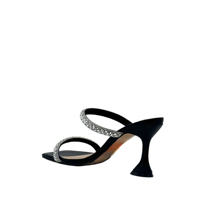 Black/Silver: EXE Bianca-736 crystal double-strap sculptural heel slide in black with silver rhinestone-encrusted straps and flared heel, side view