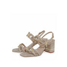 EXE Bruna 520 textured block heel sandal in beige gold with geometric buckle hardware, alternate angled view