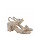 EXE Bruna 520 textured block heel sandal in beige gold with geometric buckle hardware, angled view