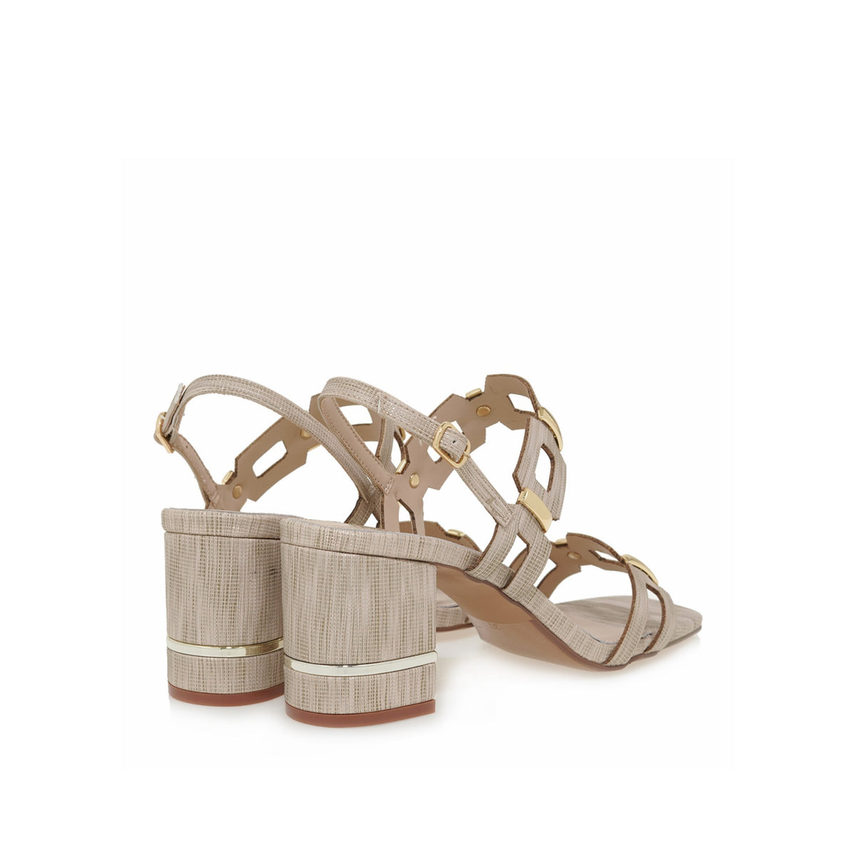 EXE Bruna 520 textured block heel sandal in beige gold with geometric buckle hardware, rear angled view