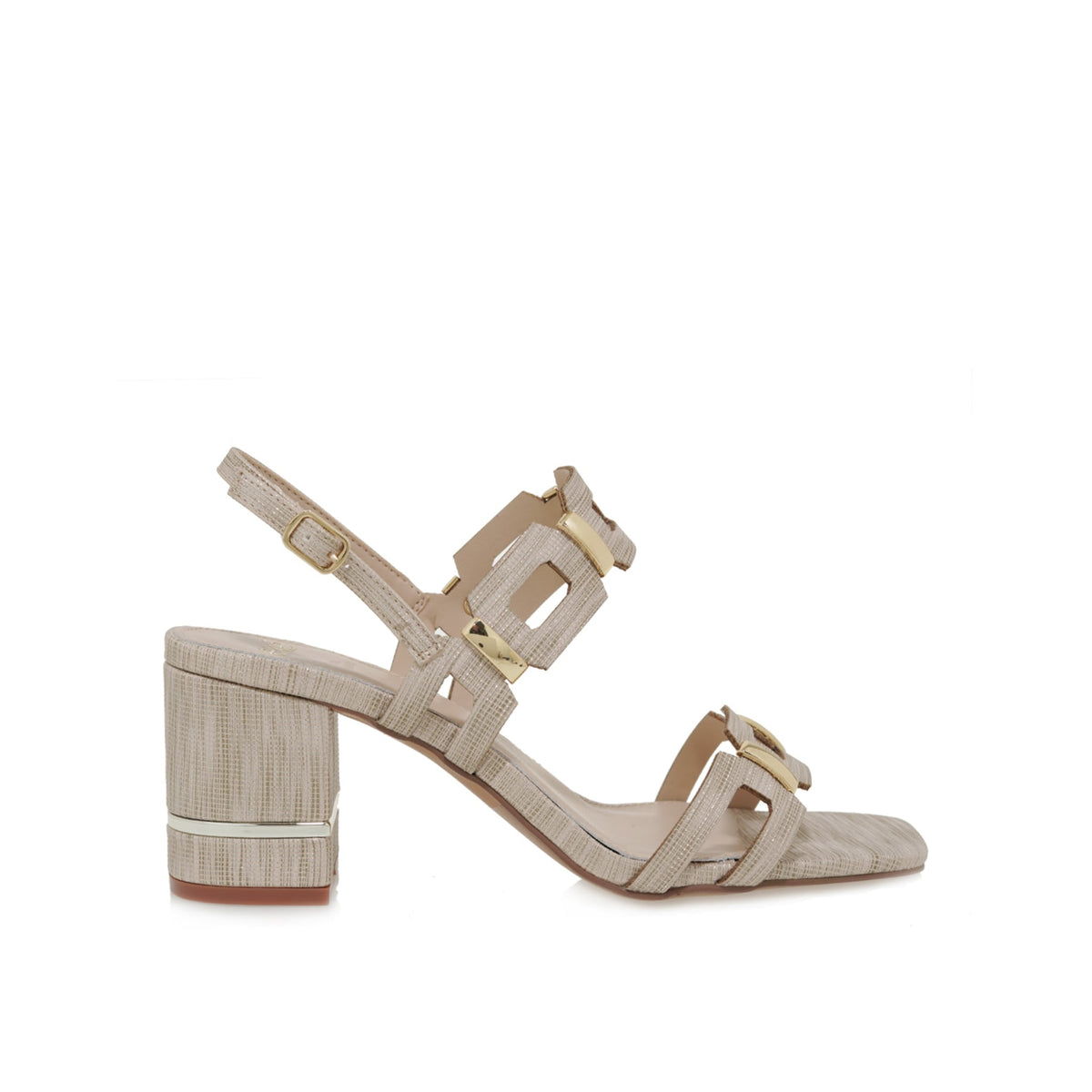 EXE Bruna 520 textured block heel sandal in beige gold with geometric buckle hardware, side view