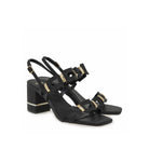 EXE Bruna 520 textured block heel sandal in black with geometric buckle hardware, angled view