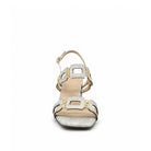 EXE Bruna 520 textured block heel sandal in silver with geometric buckle hardware, front view