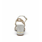 EXE Bruna 520 textured block heel sandal in silver with geometric buckle hardware, rear view