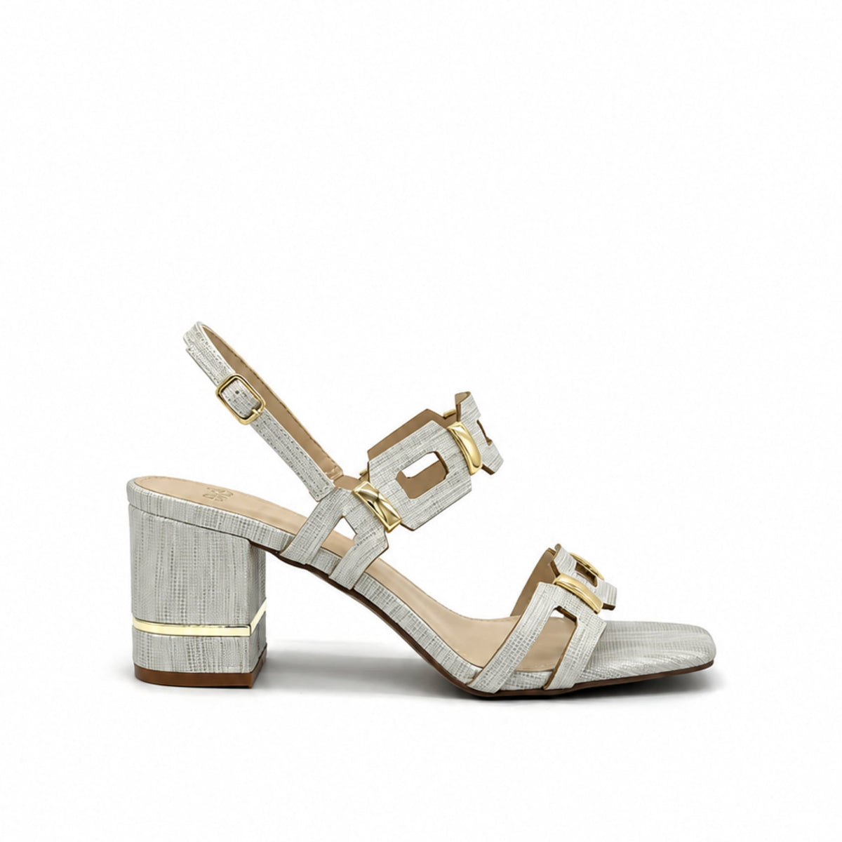 EXE Bruna 520 textured block heel sandal in silver with geometric buckle hardware, side view