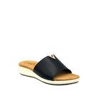 Black: EXE BZX7271-VA58 wide-band slide sandal in black with gold-tone hardware detail and white low wedge sole