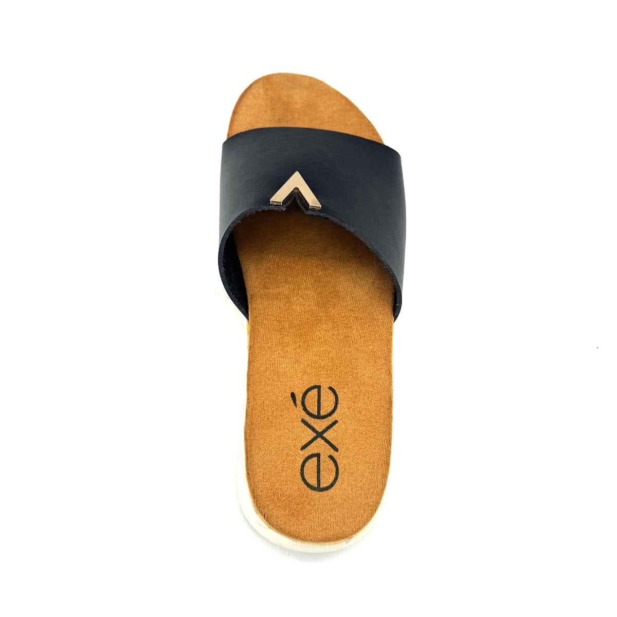 Black: EXE BZX7271-VA58 wide-band slide sandal in black with gold-tone hardware detail and white low wedge sole