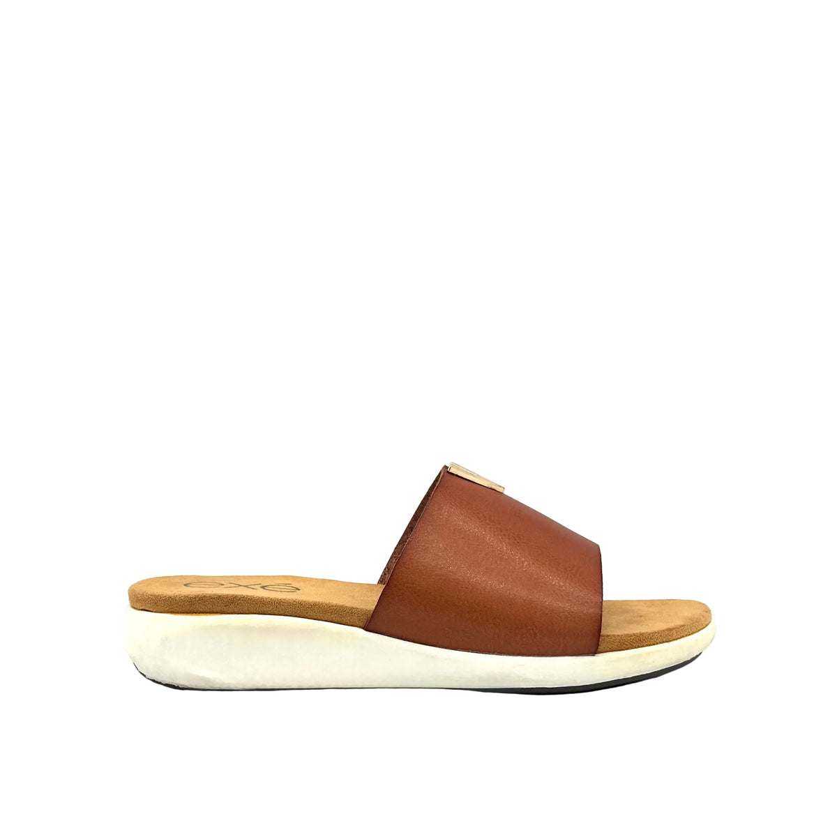 EXE BZX7271-VA58 wide-band slide sandal in tan with gold-tone hardware detail and white low wedge sole