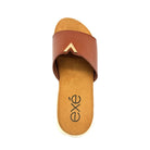 EXE BZX7271-VA58 wide-band slide sandal in tan with gold-tone hardware detail and white low wedge sole