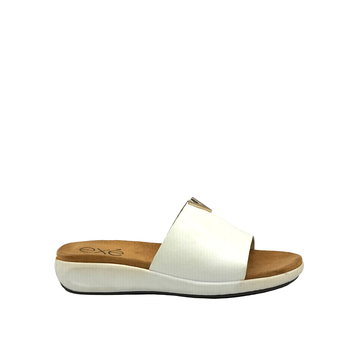 White: EXE BZX7271-VA58 wide-band slide sandal in white with gold-tone hardware detail and white low wedge sole